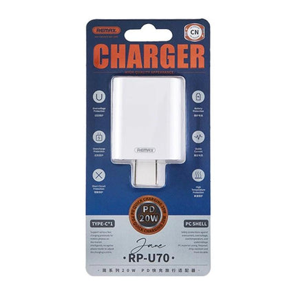 REMAX Charger for Everyday Device Power on the Go white 20W PD wall charger in retail packaging, Type-C compact travel charger