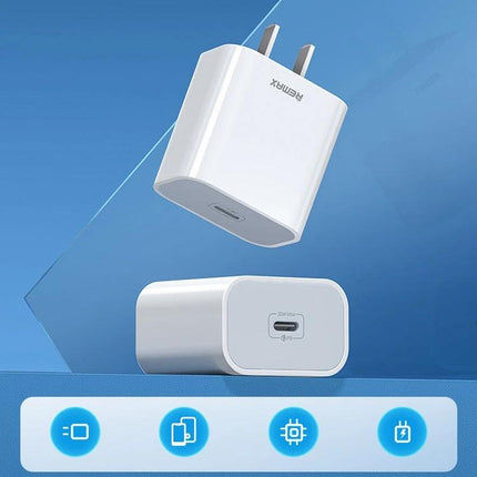 REMAX USB-C Charger for Daily Home Device Powering - white 20W PD wall charger with USB-C port, compact plug for smartphone and tablet charging