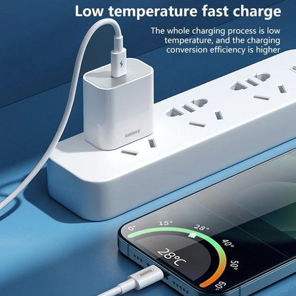 REMAX USB-C Charger for Daily Home Device Powering - 20W PD compact white wall charger charging smartphone on power strip