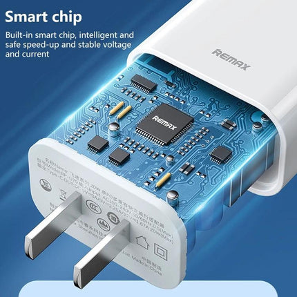 REMAX USB-C Charger for Daily Home Device Powering showing internal smart chip and 20W PD fast charging components