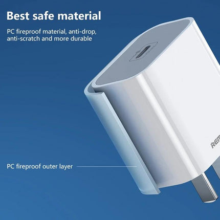 REMAX USB-C Charger for Daily Home Device Powering showing white 20W PD charger with PC fireproof outer layer and compact anti-drop design