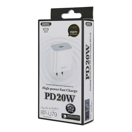 REMAX USB-C Charger for Daily Home Device Powering - white 20W PD fast charger in retail box