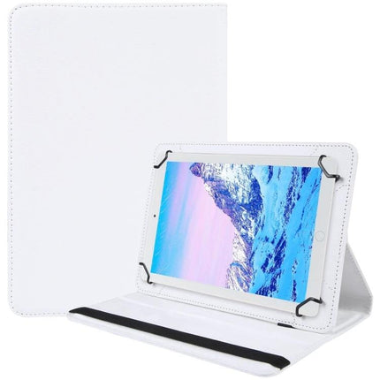 Litchi Texture Flip Leather Case for 7-8 Inch Tablets with Rotation shown in white propped stand mode for reading and video