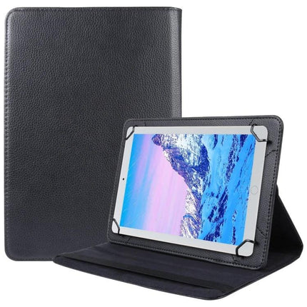 Litchi Texture Flip Leather Case for 7-8 Inch Tablets with Rotation in black showing tablet stand and 360° rotation