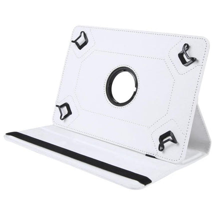 Leather Flip Case for 10-Inch Tablets with 360-Degree Rotation - white leather protective stand with 360° swivel and corner straps