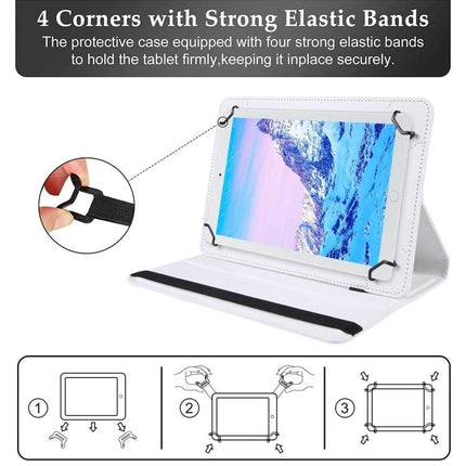 Leather Flip Case for 10-Inch Tablets with 360-Degree Rotation showing tablet held by four corner elastic bands and adjustable stand