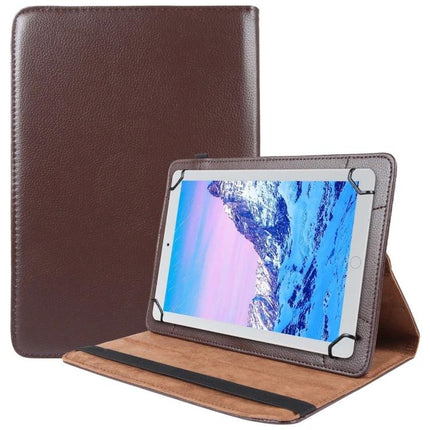 Leather Flip Case for 10-Inch Tablets with 360-Degree Rotation brown leather folio stand showing tablet in landscape angle, travel and home use