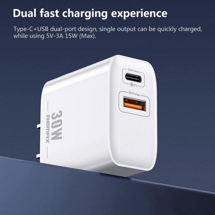REMAX Charger for Daily Device Powering at Home and Travel - white 30W dual-port USB-C and USB-A wall charger for smartphones and tablets