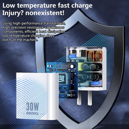 REMAX Charger for Daily Device Powering at Home and Travel - white 30W dual-port fast charger with low-temperature circuitry and safety shield