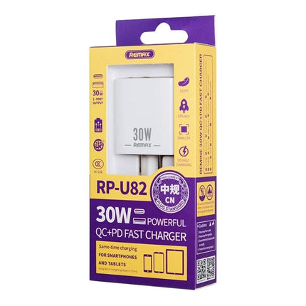 REMAX Charger for Daily Device Powering at Home and Travel - white 30W dual-port QC+PD fast charger in retail box for smartphones and tablets