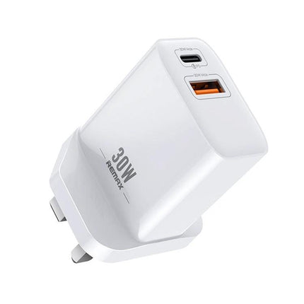 REMAX Charger for Daily Device Powering at Home and Travel – white dual-port 30W wall charger for phones and tablets