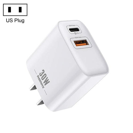 REMAX Charger for Daily Device Powering at Home and Travel - white 30W dual-port USB wall charger with USB-C and USB-A, compact for home and travel