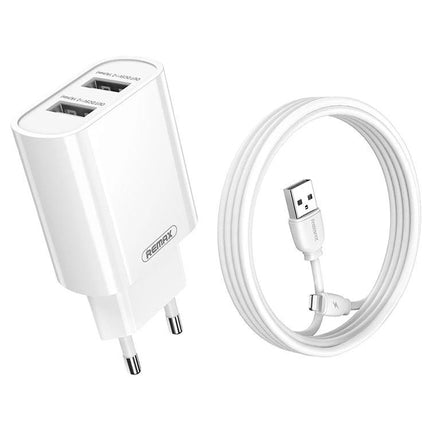 Charge Your Devices with This REMAX Set for Daily Use — white dual USB charger and USB charging cable for phone and tablet