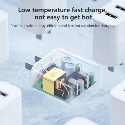 Charge Your Devices with This REMAX Set for Daily Use showing dual USB charger interior and low temperature fast charge feature