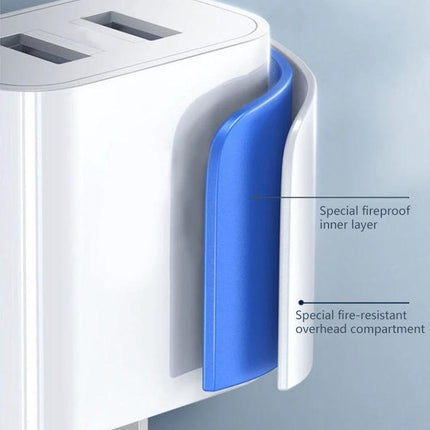 Charge Your Devices with This REMAX Set for Daily Use — white dual-USB charger with fireproof inner layer and blue fire-resistant compartment