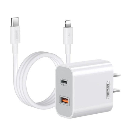 REMAX Charger for Daily Phone Needs at Home or Travel - dual-port compact white wall charger with USB-C and USB-A cable