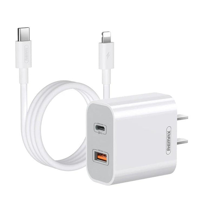 REMAX Charger for Daily Phone Needs at Home or Travel - dual-port compact white wall charger with USB-C and USB-A cable