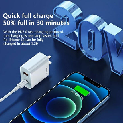 REMAX Charger for Daily Phone Needs at Home or Travel - dual-port compact charger showing fast charging 50% in 30 minutes to a smartphone