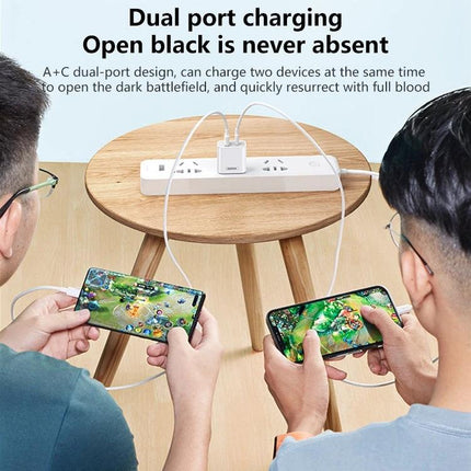 REMAX Charger for Daily Phone Needs at Home or Travel - dual-port compact charger powering two phones while gaming at a table, ideal for home or travel