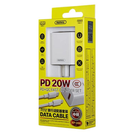 REMAX Charger for Daily Phone Needs at Home or Travel - dual-port PD+QC 20W compact travel charger in retail yellow box