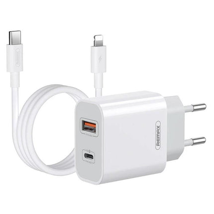 REMAX Charger for Daily Phone Needs at Home or Travel — compact dual-port white wall charger with USB-A and USB-C cable