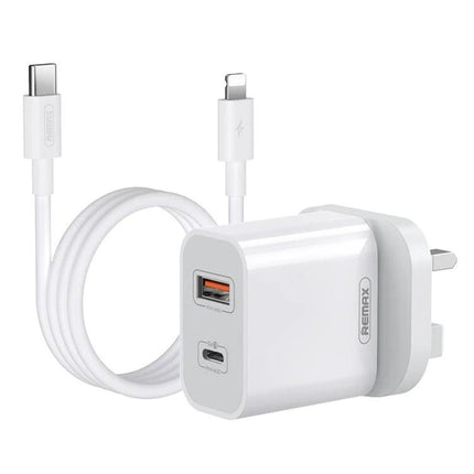 REMAX Charger for Daily Phone Needs at Home or Travel - compact dual-port white wall charger with USB-A and USB-C cable