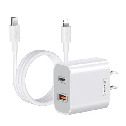 REMAX Charger for Daily Phone Needs at Home or Travel - compact dual-port white travel charger with USB-C and Lightning cable