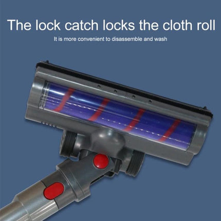 Dyson Soft Velvet Electric Floor Brush for Vacuum Cleaning showing cloth roll with anti-winding design, lock catch for easy disassembly and wash