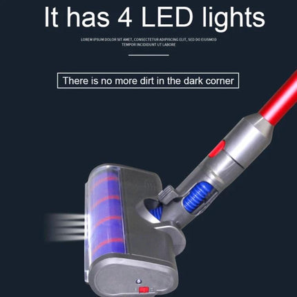 Electric Floor Brush for Dyson V6 and DC62 Vacuums showing LED-lit motorized head picking up pet hair and dust on hard floors