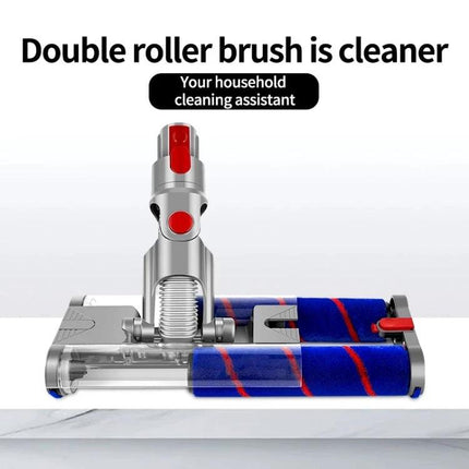 Double Roller Electric Floor Brush for Dyson Vacuums shown replacing standard floor head, dual blue rollers cleaning under furniture