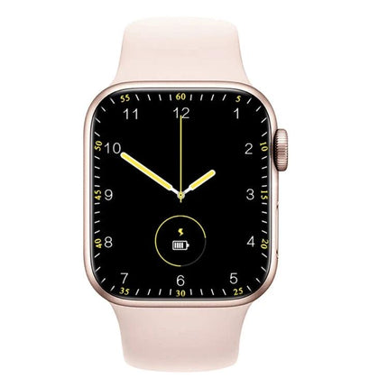 Silicone Smart Watch for Everyday Wear and Alerts - pink silicone band with black touchscreen showing analog watch face and activity icons
