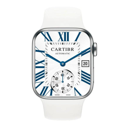 Silicone Smart Watch for Everyday Wear and Alerts with white silicone band, rectangular silver case and analog-style blue Roman numeral dial