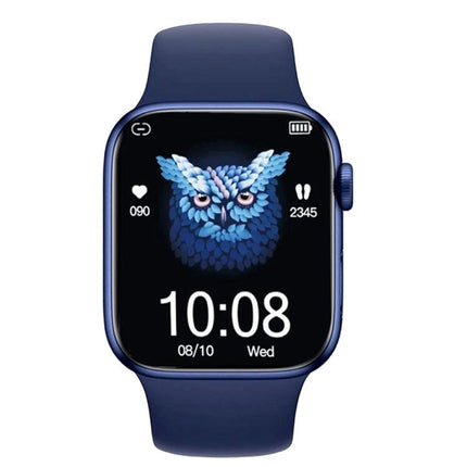 Silicone Smart Watch for Everyday Wear and Alerts blue silicone band showing heart rate, steps, and digital owl watch face