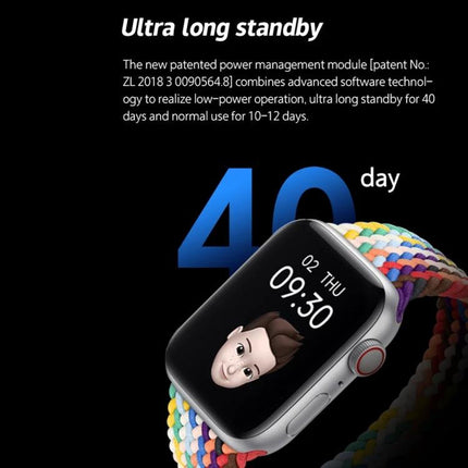 Silicone Smart Watch for Everyday Wear and Alerts showing 40 day ultra long standby, silicone braided band and heart rate/notification display