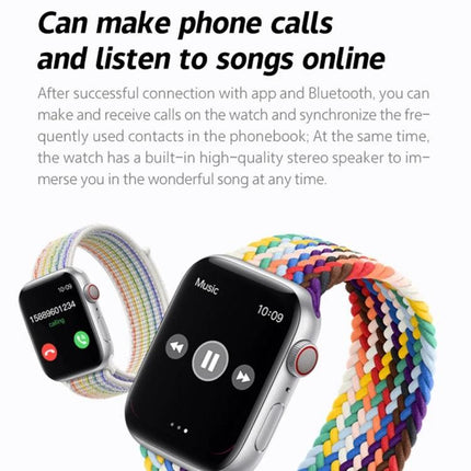 Silicone Smart Watch for Everyday Wear and Alerts showing call and music playback on black screen with colorful braided silicone band