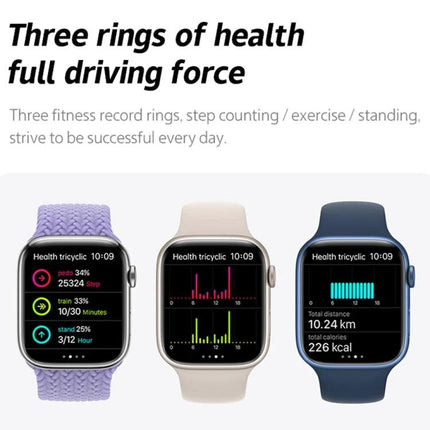 Silicone Smart Watch for Everyday Wear and Alerts showing three watches with health rings, step count, heart rate and activity stats