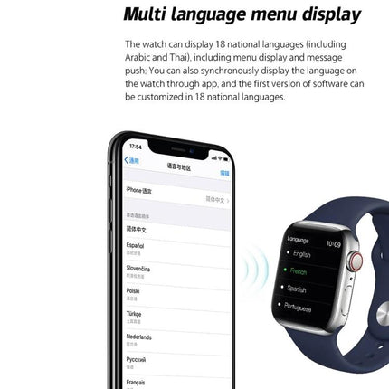 Silicone Smart Watch for Everyday Wear and Alerts showing multi-language menu on phone and watch