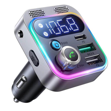 JOYROOM Bluetooth Car FM Transmitter for Hands Free Calls - silver FM transmitter with LED display, dual mics, PD and QC USB ports, AUX and charging