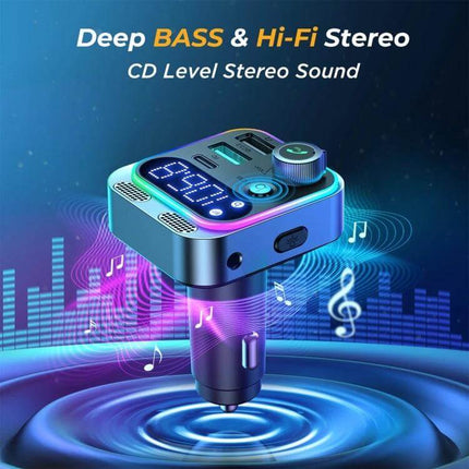 JOYROOM Bluetooth Car FM Transmitter for Hands Free Calls - BT5.0 FM transmitter with dual mics, USB fast charge, AUX input and LED display for clear calls and music