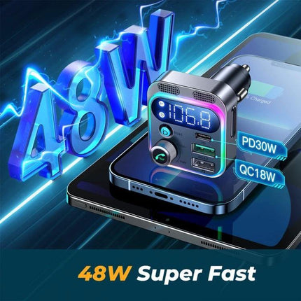JOYROOM Bluetooth Car FM Transmitter for Hands Free Calls plugged into car charger, showing 48W PD30W QC18W fast charging and FM display