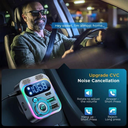 JOYROOM Bluetooth Car FM Transmitter for Hands Free Calls shown in car with driver using hands-free calls and fast charging, dual mics and FM display
