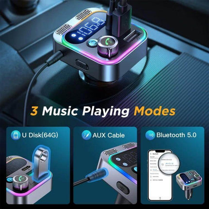 JOYROOM Bluetooth Car FM Transmitter for Hands Free Calls with BT 5.0, dual mics, USB/AUX/FM, fast charging and RGB lighting