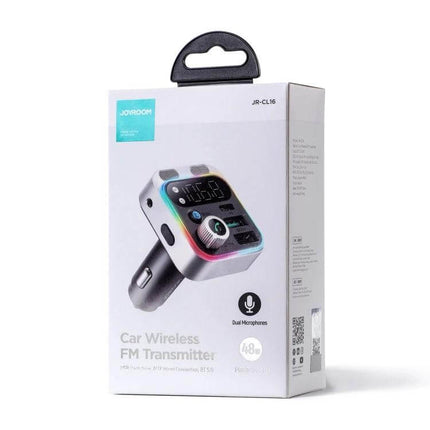 JOYROOM Bluetooth Car FM Transmitter for Hands Free Calls in retail box showing device, display, USB ports and dual microphones for in-car streaming and charging