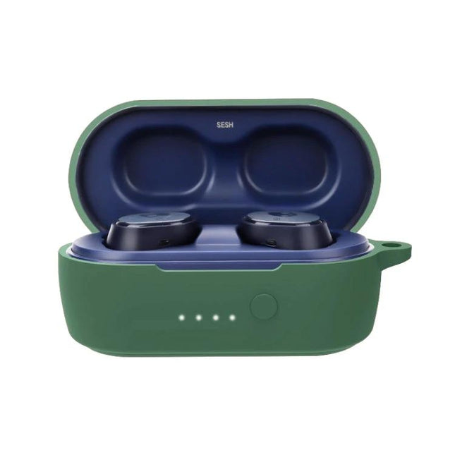 Little Magic Bean Silicone Case for Everyday Earphone Protection in green covering earbuds with charging LEDs visible
