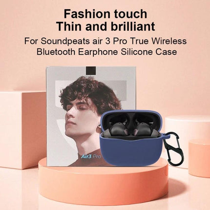 Protect your SoundPEATS earphones with a silicone case for daily activities - navy silicone case for SoundPEATS Air3 Pro shown with carabiner