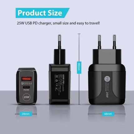 Compact Travel Charger for Daily Device Needs on the Go — 25W USB PD compact charger, 28x48x88mm pocket-sized travel power adapter