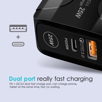 Compact Travel Charger for Daily Device Needs on the Go - black 25W dual-port PD and QC 3.0 fast charger, pocket-sized for phones and tablets