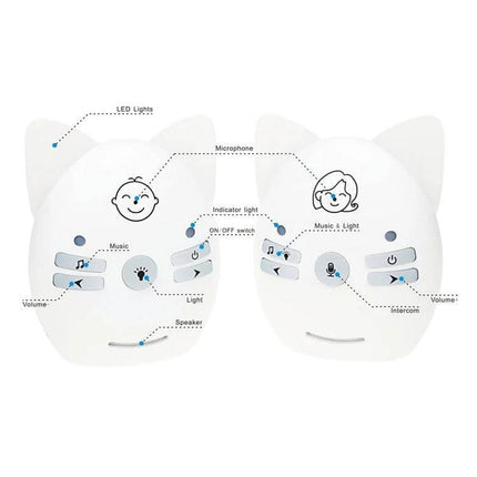 Wireless Baby Monitor with Intercom and Night Light Feature - white dual-unit baby monitor showing controls, two-way talk, music, LED night light