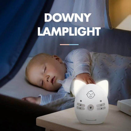 Wireless Baby Monitor with Intercom and Night Light Feature showing a sleeping baby and glowing night light on a bedside table