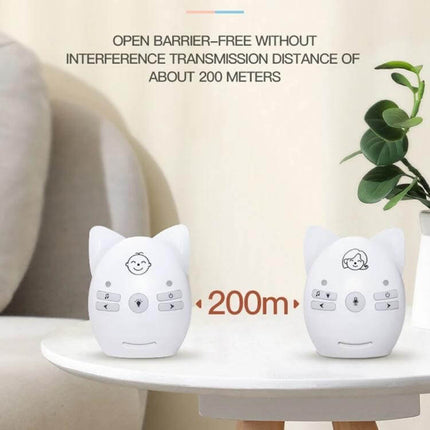 Wireless Baby Monitor with Intercom and Night Light Feature showing two white cat-ear units on a table with 200m range text